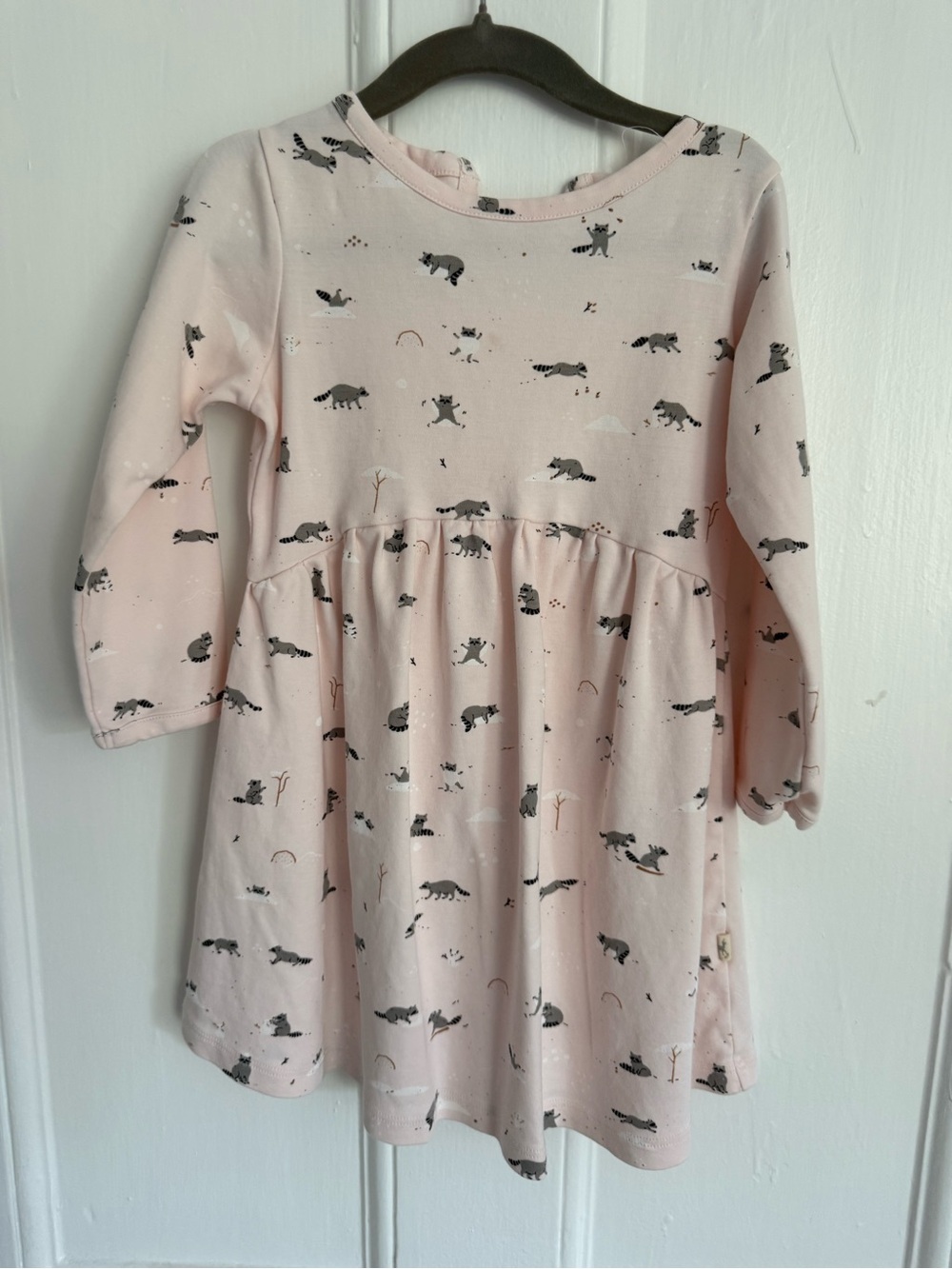 Petit Bateau Pale Pink Long Sleeve Dress with Racoon Print